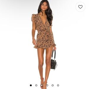 Revolve Lovers + Friends Jill Leopard Print Ruffle Romper in Tan
